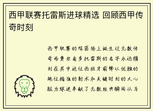 西甲联赛托雷斯进球精选 回顾西甲传奇时刻